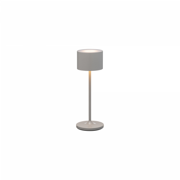 Weiße moderne Tischlampe mit einem zylindrischen Schirm und einem eleganten Sockeldesign.