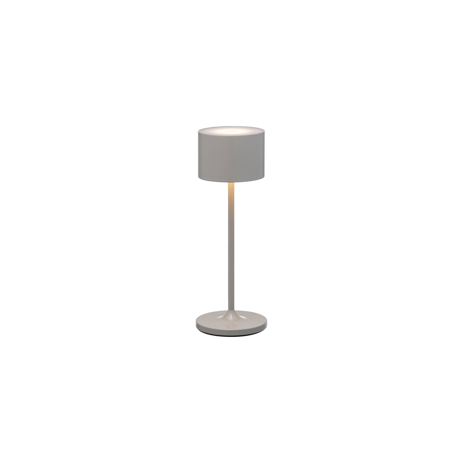 Weiße moderne Tischlampe mit einem zylindrischen Schirm und einem eleganten Sockeldesign.