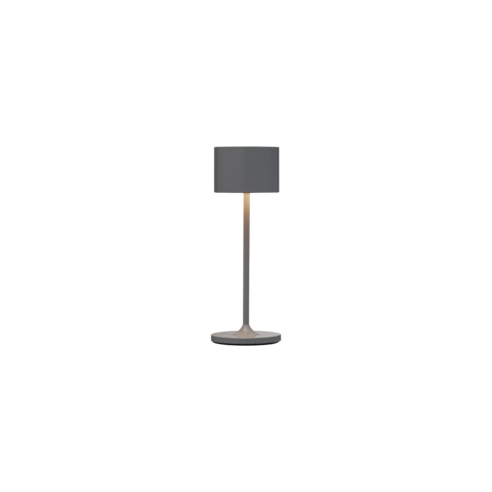 Moderne graue Tischlampe mit einem zylindrischen Schirm und einem eleganten Fuß, perfekt für stimmungsvolle Beleuchtung.