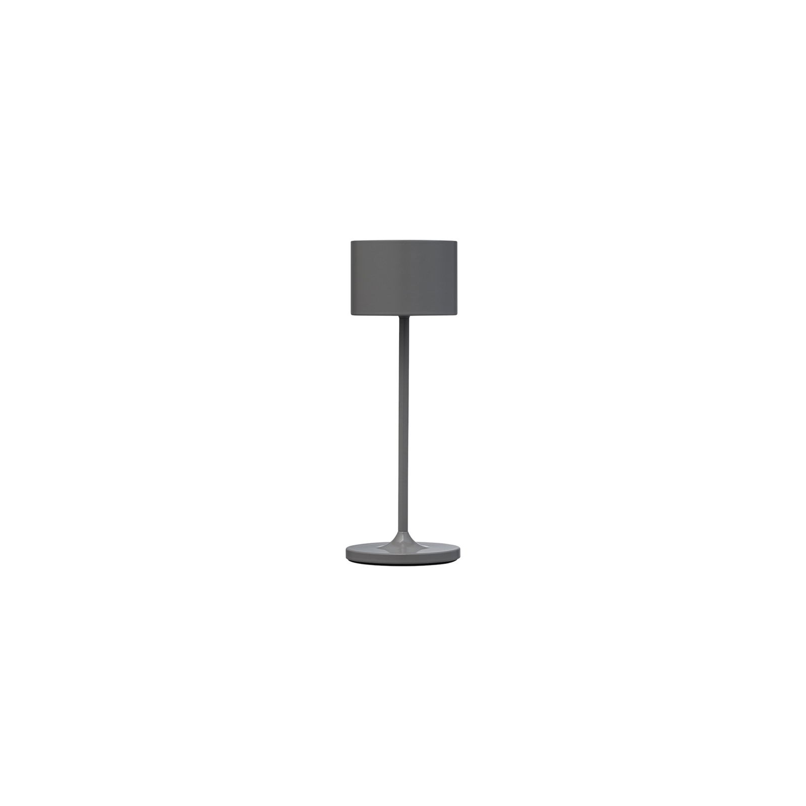 Moderne graue Tischlampe mit einem zylindrischen Schirm und einem schlanken Fuß für stilvolle Beleuchtung.