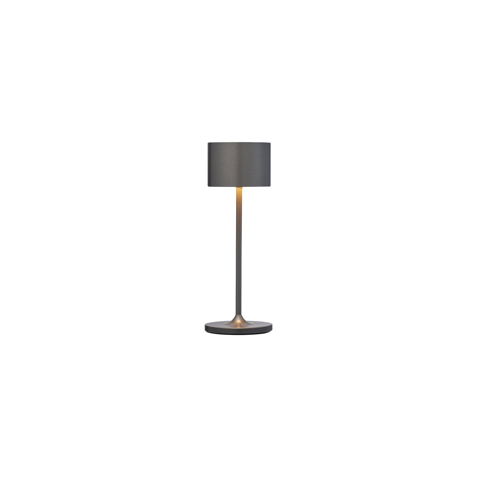 Moderne graue Tischlampe mit sleekem Design und warmem Licht für gemütliche Innenräume.