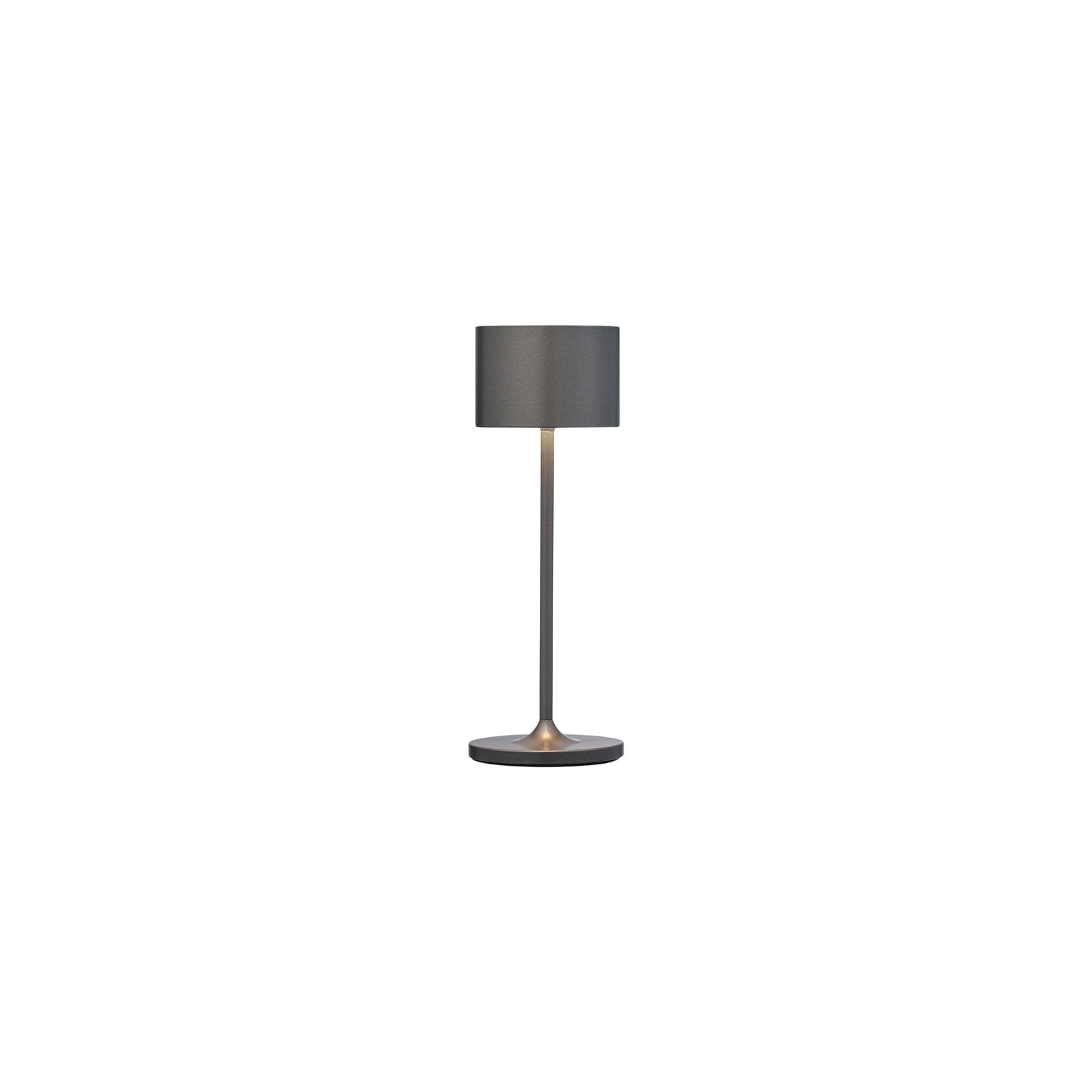 Moderne graue Tischlampe mit schlankem Design und sanfter Beleuchtung auf einem weißen Hintergrund.