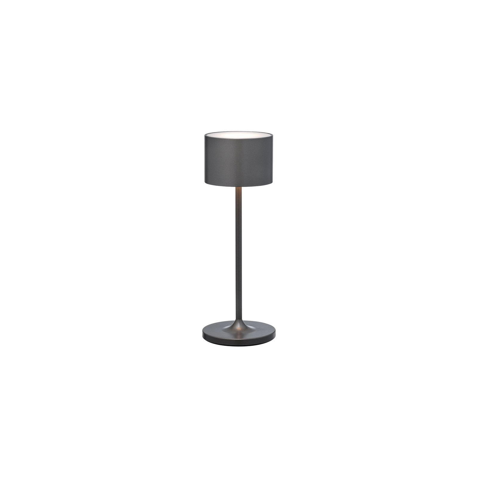 Moderne graue Tischlampe mit einem schlanken Design und sanftem weißen Licht.