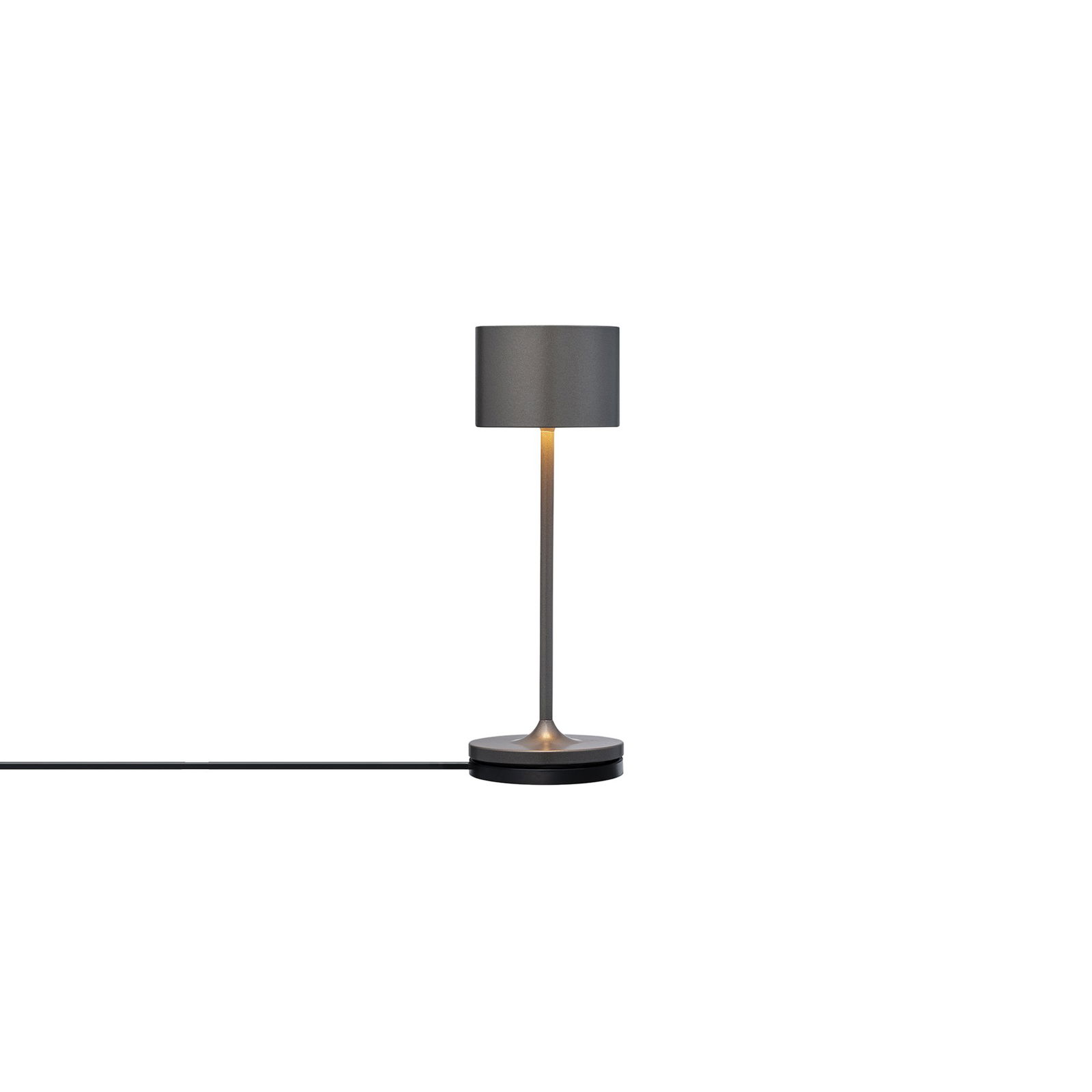 Moderne graue Tischlampe mit sleekem Design und warmem Licht, perfekt für jeden Raum.