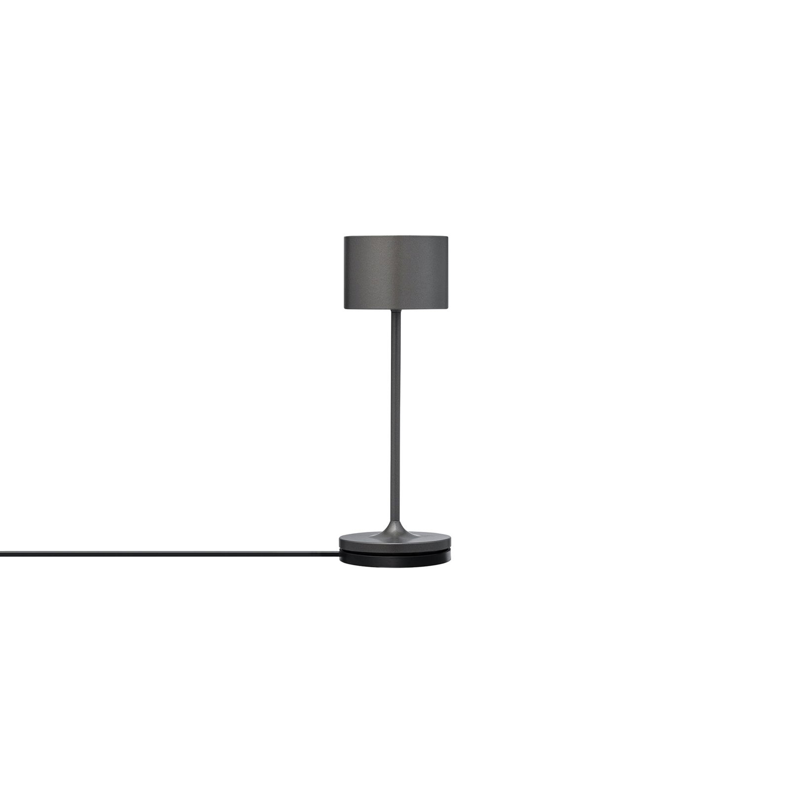 Moderne graue Tischlampe mit einem eleganten Design und schwarzem Stromkabel.