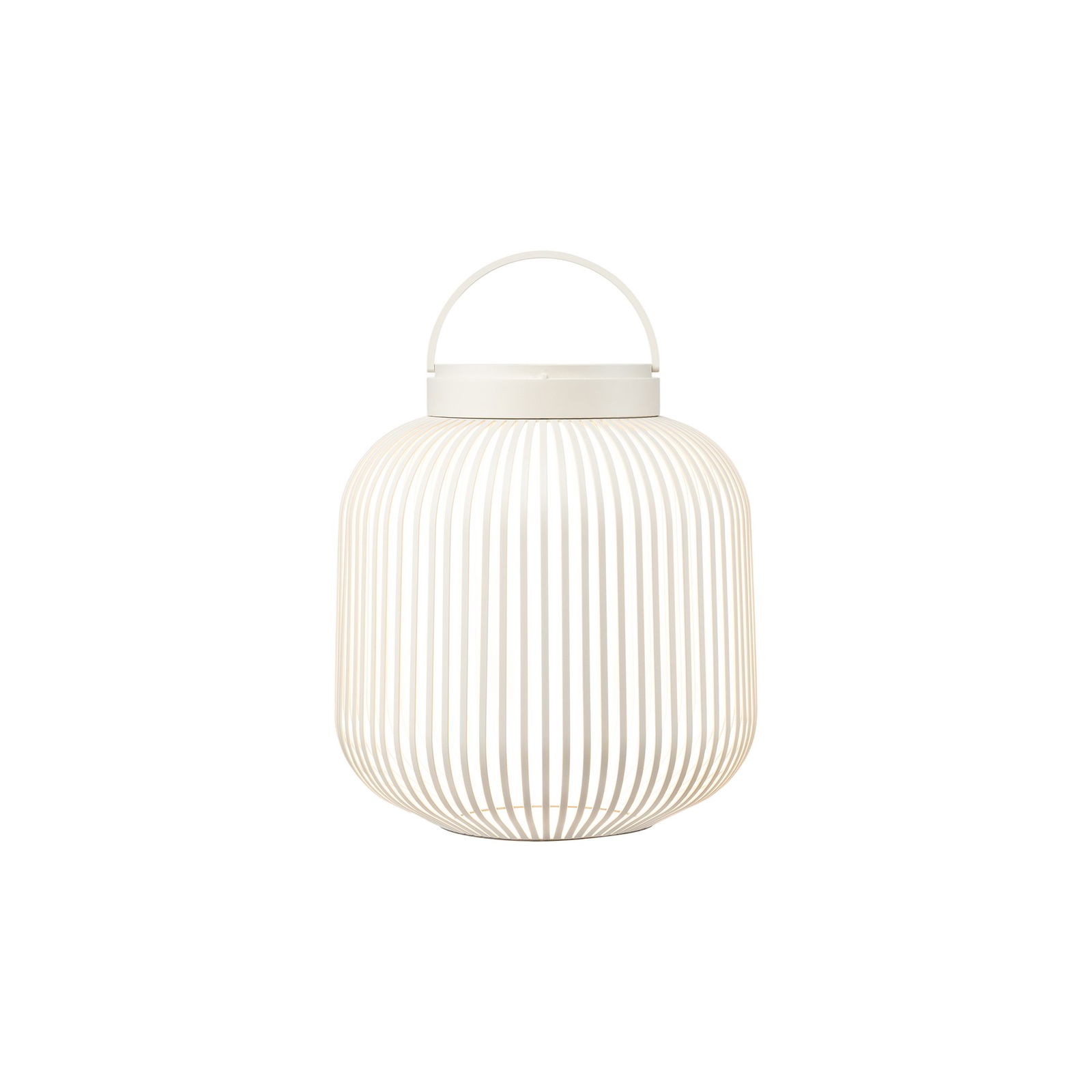 Elegante weiße Laterne mit geripptem Design und Griff für die Innen- oder Außendekoration.