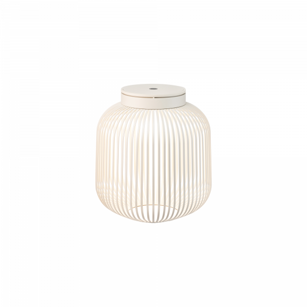 Moderne weiße Drahtgitterlampe mit minimalistischem Design und sanfter, diffuser Beleuchtung.