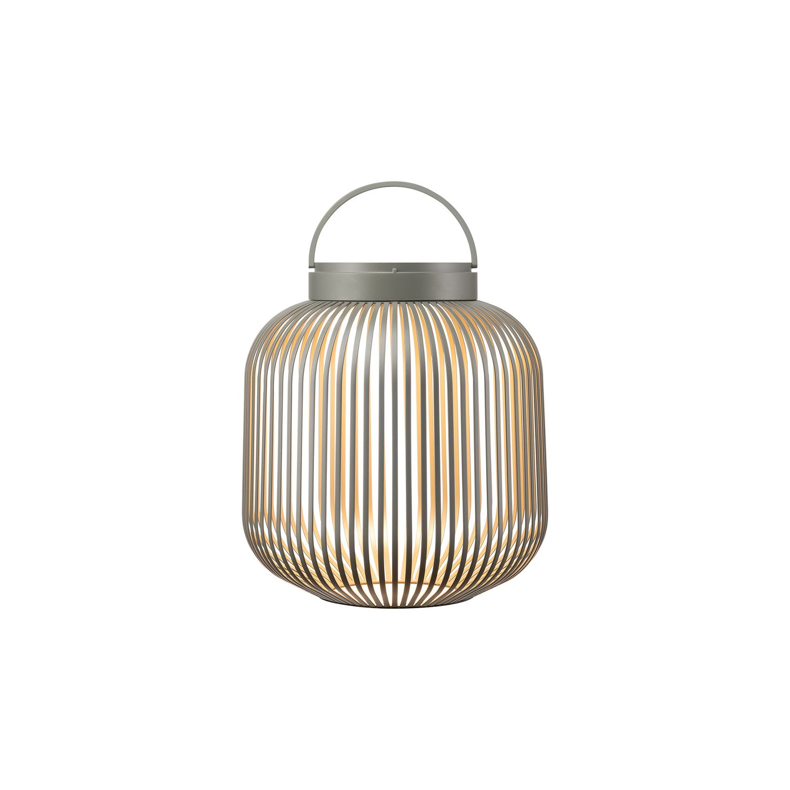 Moderne dekorative Laterne mit eleganten Metallstreifen und einem Griff für einfaches Tragen.