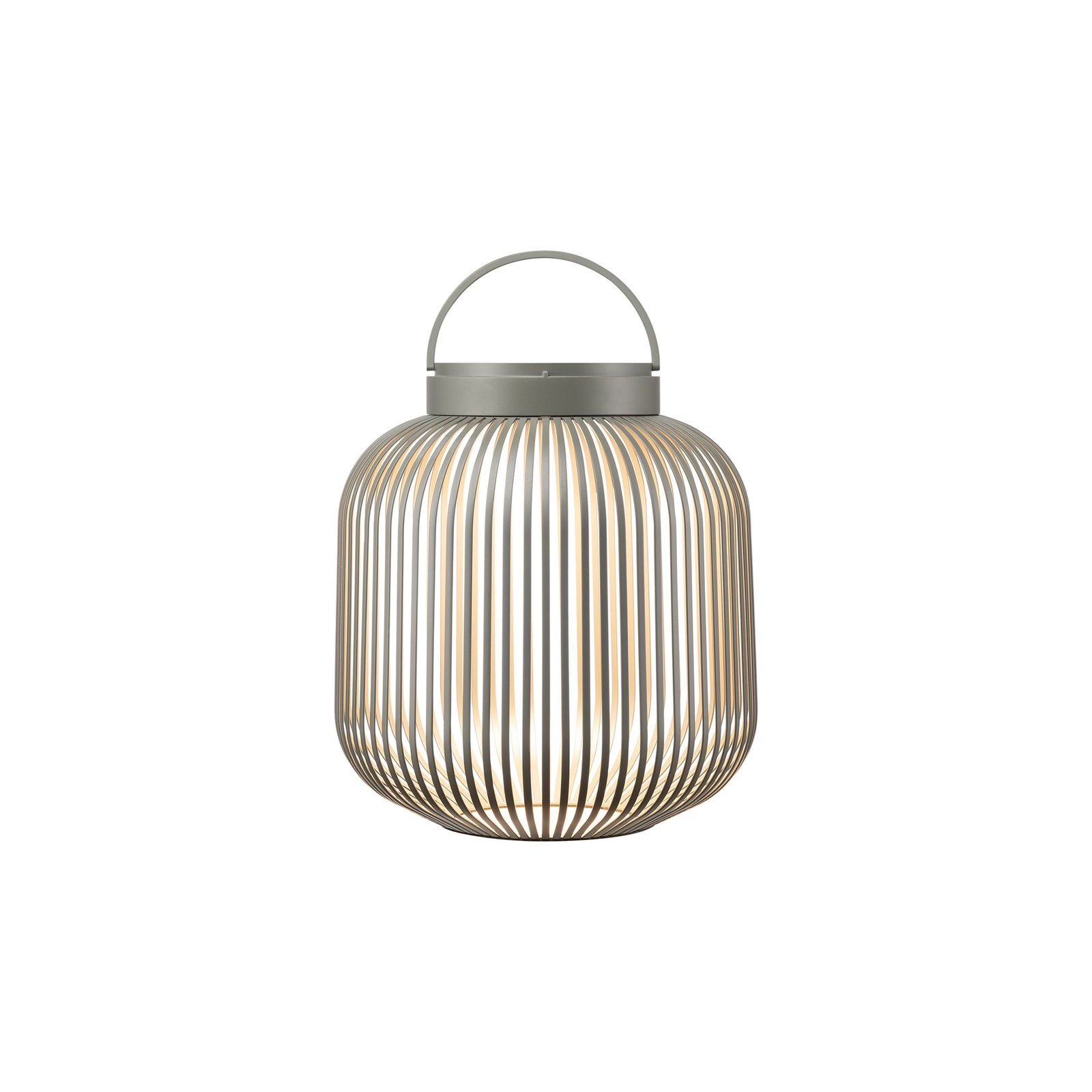 Moderne dekorative Laterne mit einem eleganten, gestreiften Design und einem Griff für einfaches Tragen.