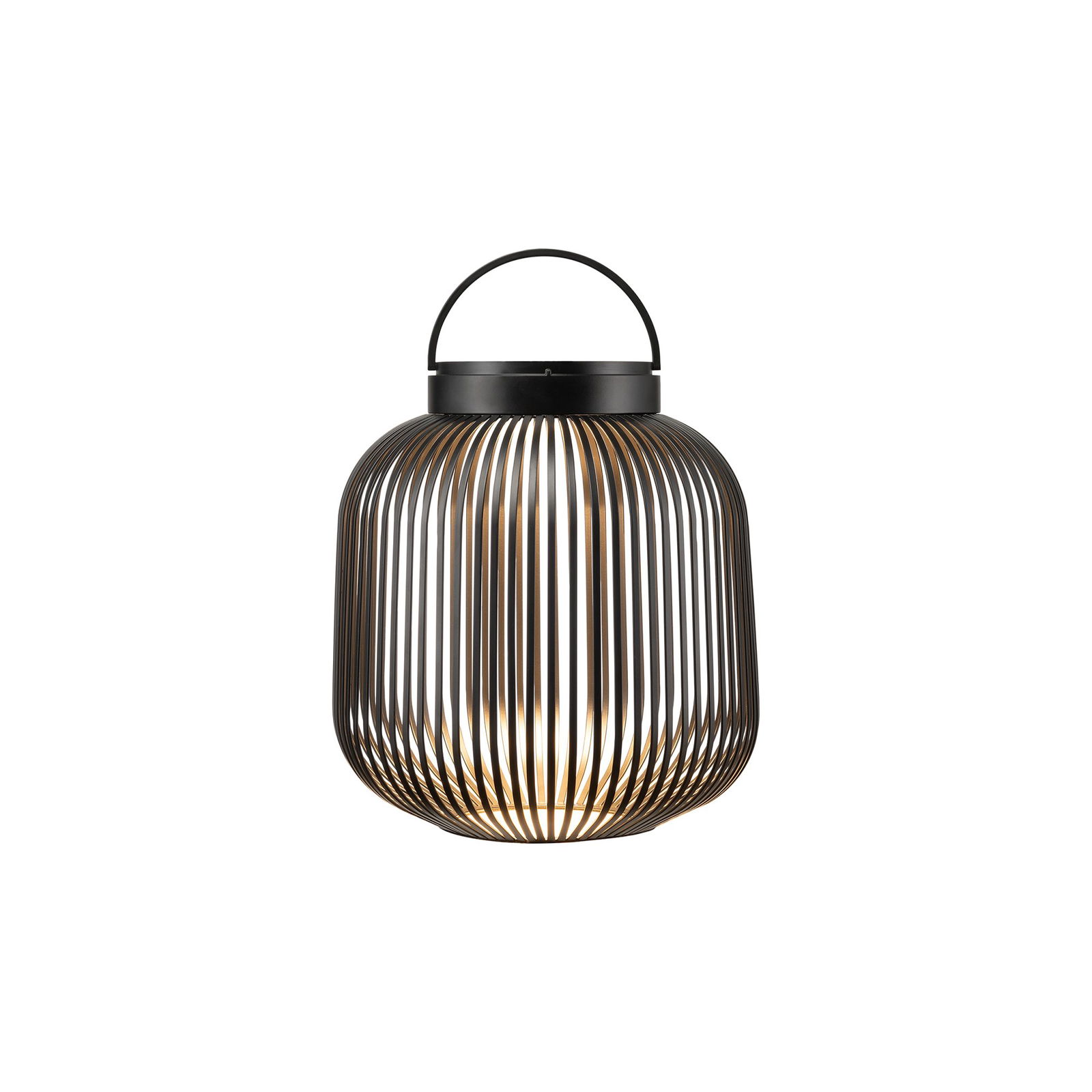 Stilvolle schwarze Metalllaterne mit einem offenen, gestreiften Design, perfekt für moderne Dekoration.