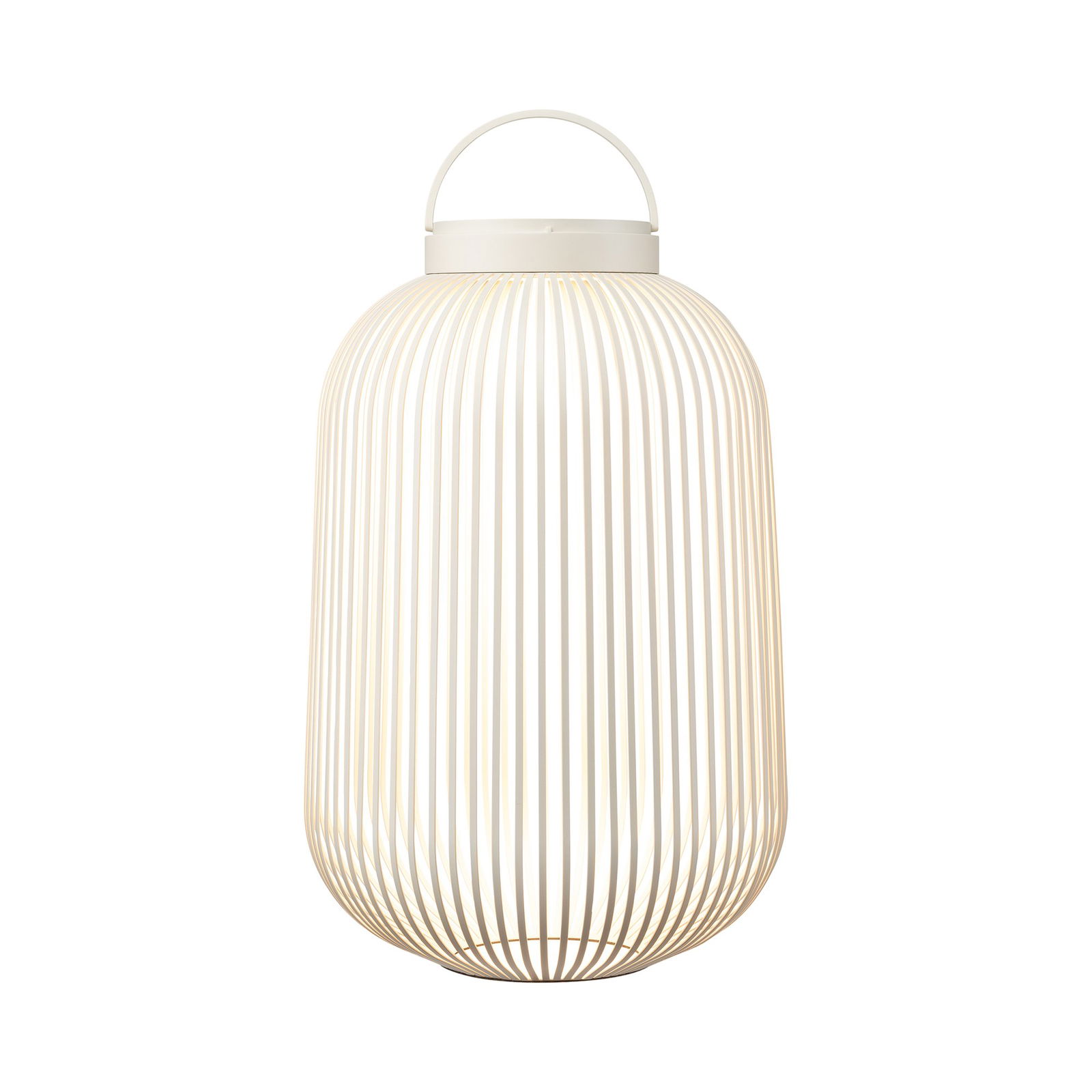 Modern white decorative lantern with a wire design and handle for outdoor or indoor use.