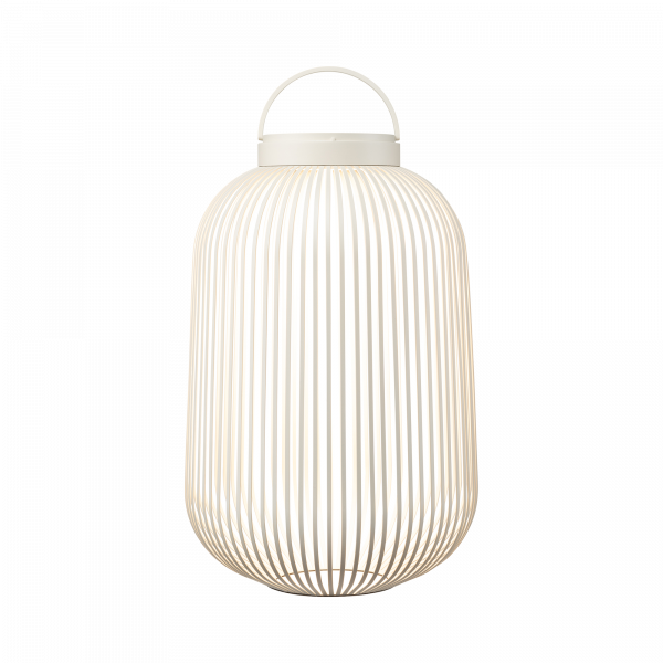 Modern white wire lantern with a stylish handle for contemporary decor.