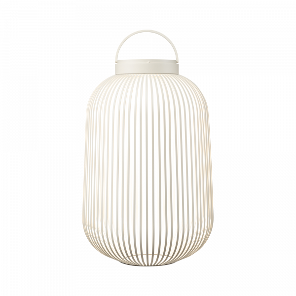 Modern white wire lantern with a handle, perfect for indoor or outdoor decor.