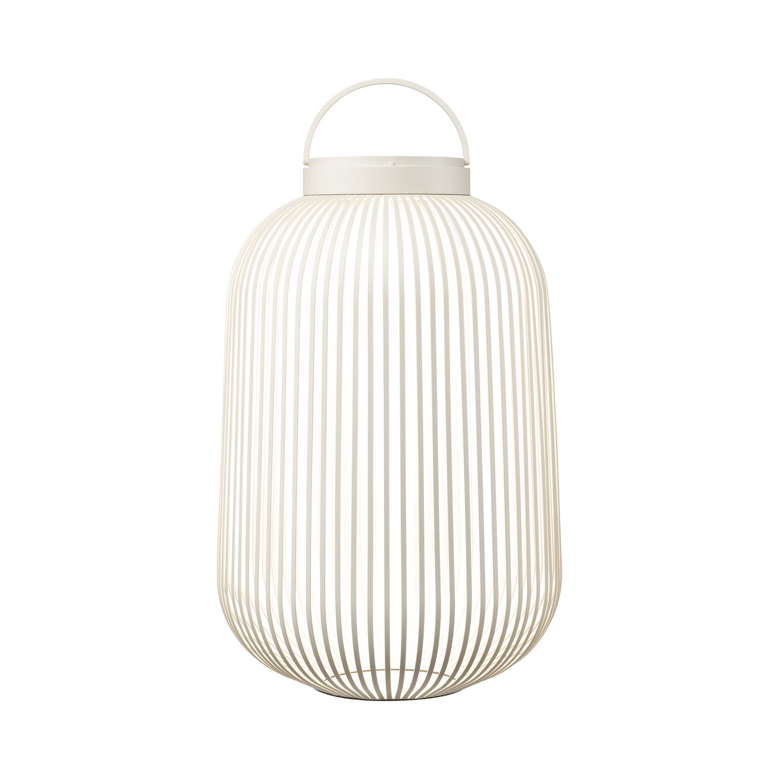 Modern white wire lantern with a handle, perfect for indoor or outdoor decor.