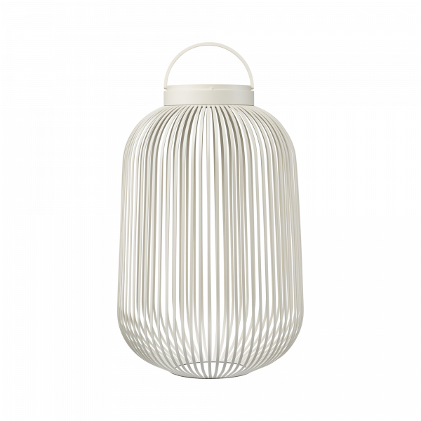 Elegant white metal lantern with a modern wire design, perfect for indoor or outdoor decor.