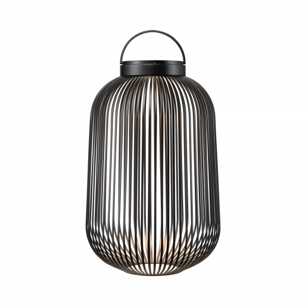 Stylische schwarze Drahtlaterne mit modernem Design und elegantem Griff für ambientale Beleuchtung.