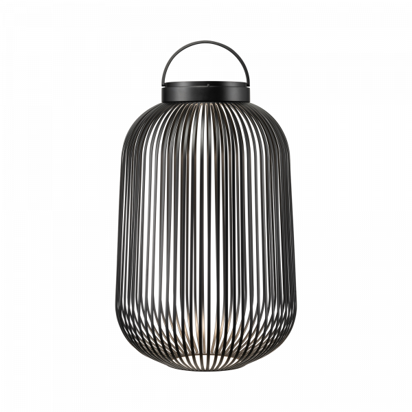 Stilvolle schwarze Drahtlaterne mit modernem Design und Griff für einfache Tragbarkeit.
