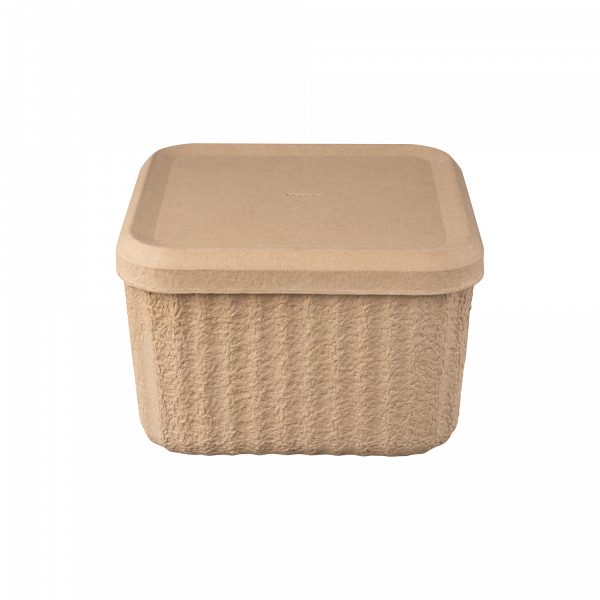 Umweltfreundliche, quadratische Aufbewahrungsbox aus nachhaltigen Materialien mit strukturiertem Design.