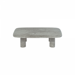 Modern gray coffee table with a sleek, rectangular design and sturdy cylindrical legs.