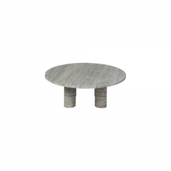 Modern round marble coffee table with sturdy cylindrical legs.