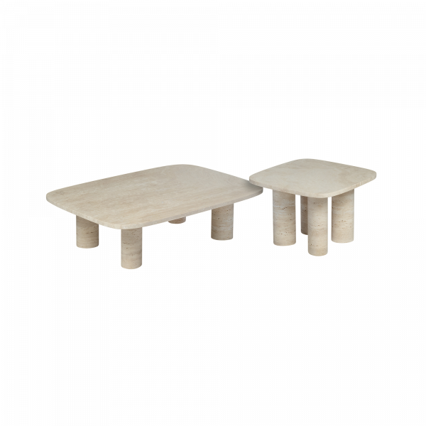 Moderne minimalistische Couchtische in hellem Steinfinish mit einzigartigen Bein Designs.