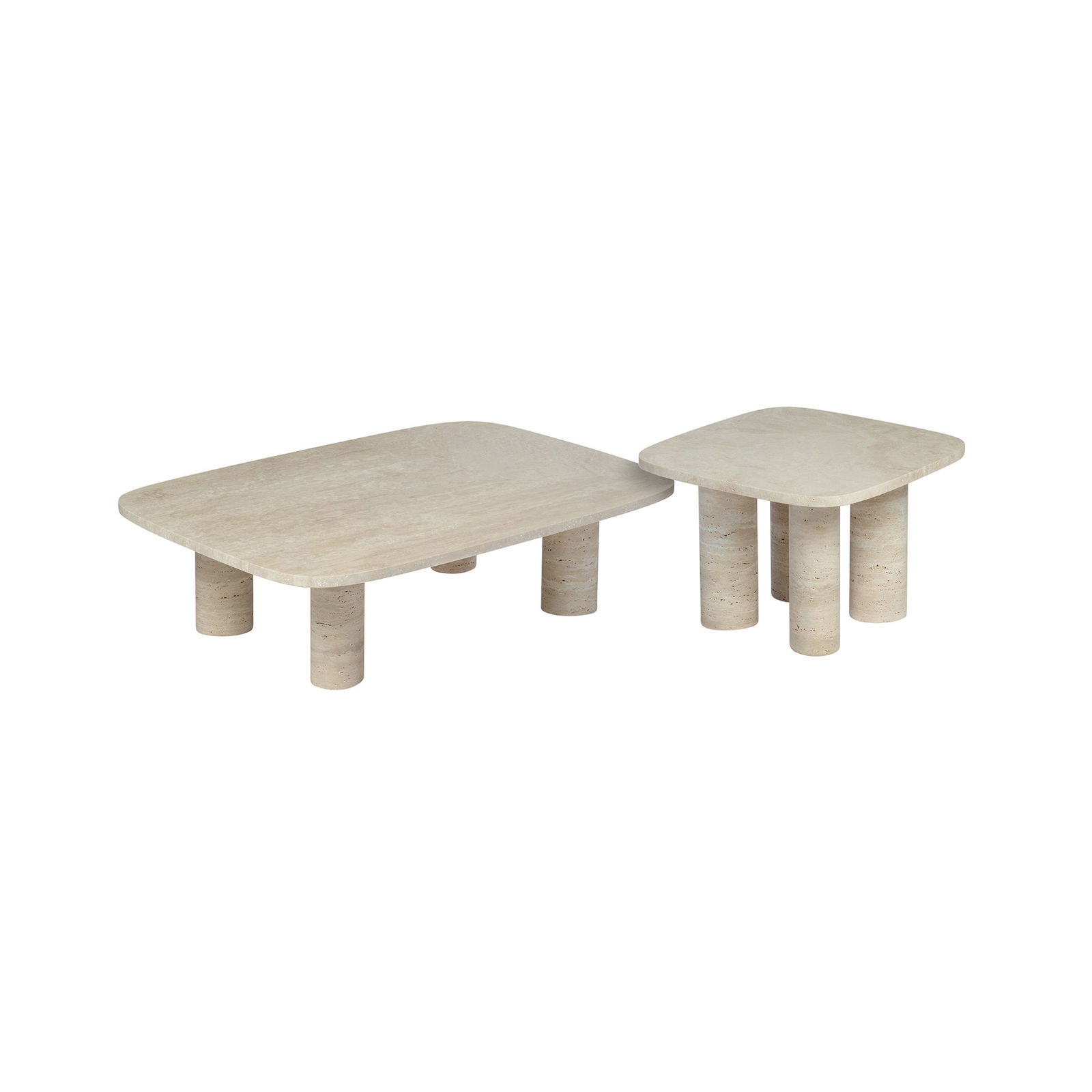 Moderne minimalistische Couchtische in hellem Steinfinish mit einzigartigen Bein Designs.