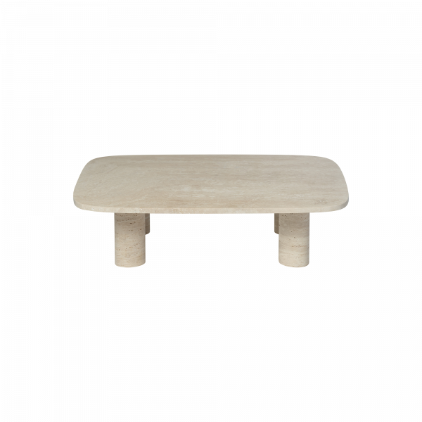 Eleganter beiger Couchtisch mit minimalistischer Gestaltung und zylindrischen Beinen.