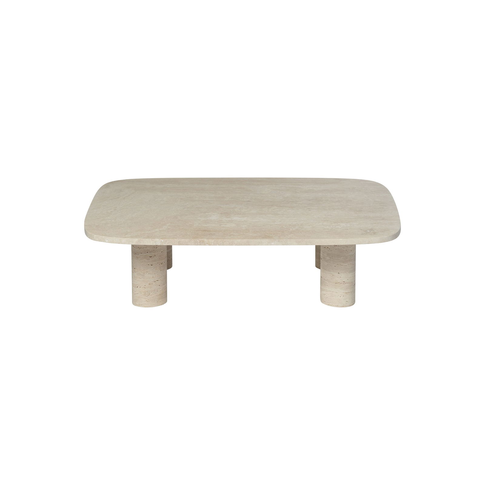 Eleganter beiger Couchtisch mit minimalistischer Gestaltung und zylindrischen Beinen.