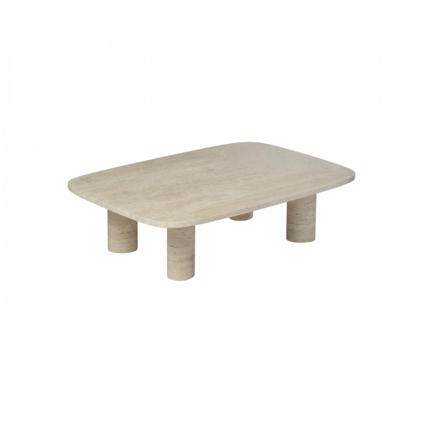 Minimalistischer beige Marmor-Couchtisch mit abgerundeten Kanten und zylindrischen Beinen.