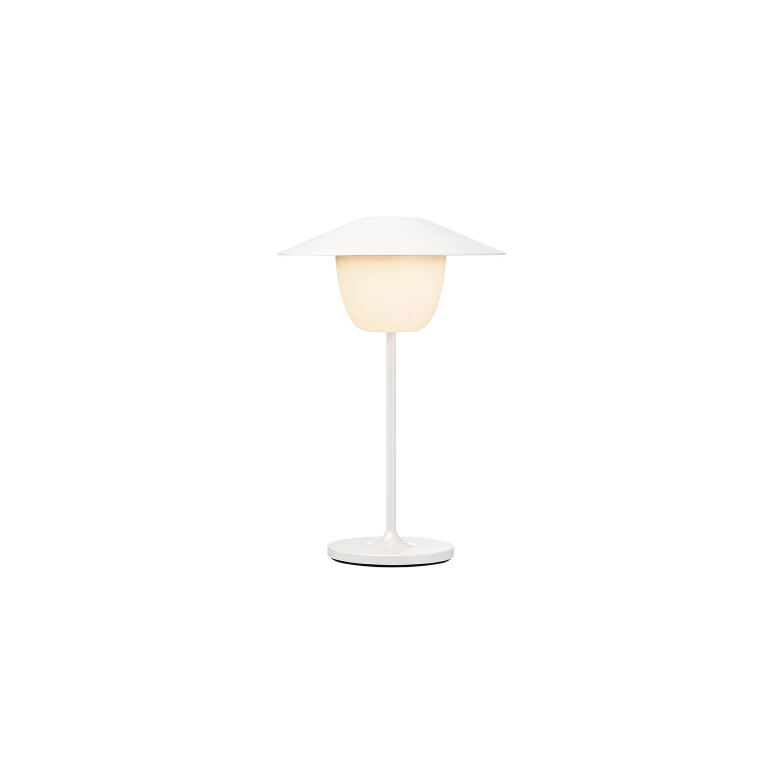 Moderne weiße Tischlampe mit minimalistischer Gestaltung und sanft leuchtendem Schirm.