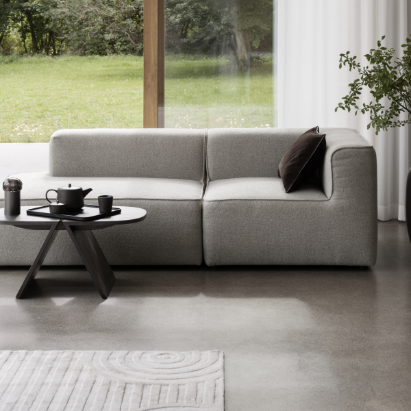 Modernes Wohnzimmer mit einem grauen Sofa, einem Couchtisch und Pflanzen außen.