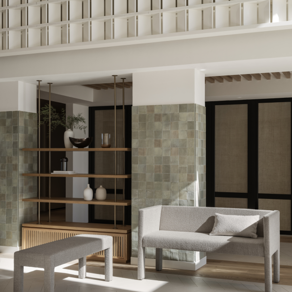Modernes Interior Design mit einem minimalistischen Sitzbereich und stilvollen Dekorationselementen.