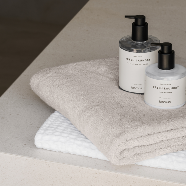 Bottles of fresh laundry soap beside soft towels on a clean countertop.