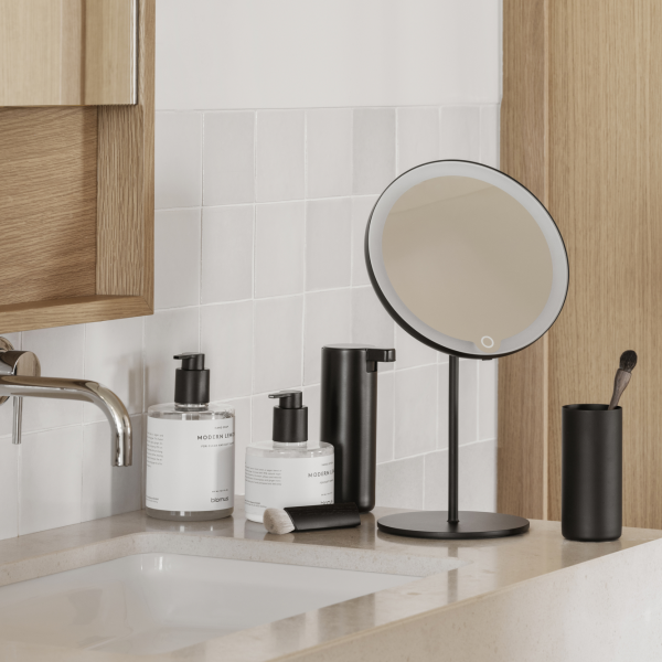 Modernes Badezimmer-Waschtisch mit Spiegel, eleganten Spendern und minimalistischer Dekoration.