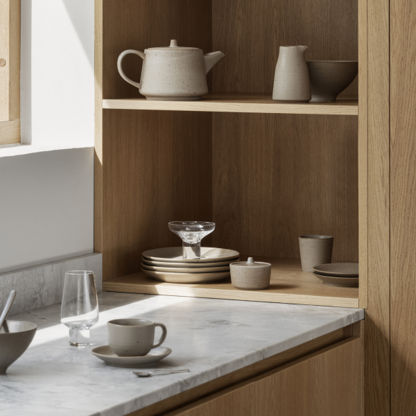 Moderne Küchenschränke, die minimalistische Keramikteller und Glaswaren präsentieren.