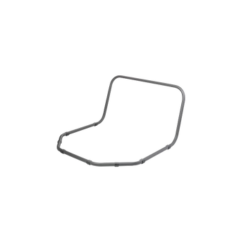 Simple gray outline of a minimalist chair design on a white background.