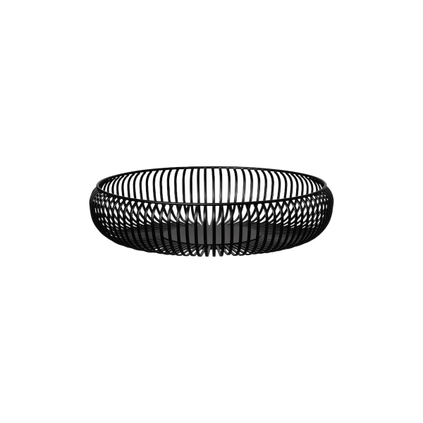 Modern black wire basket with an open design for versatile storage and decoration.