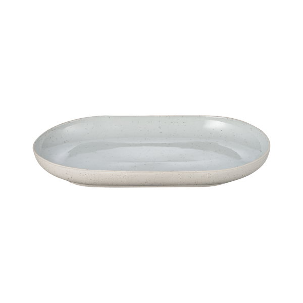 Elegant oval ceramic serving plate in light blue with speckled finish.