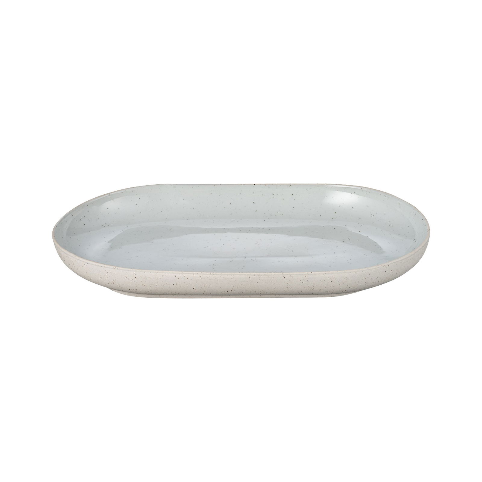 Elegant oval ceramic serving plate in light blue with speckled finish.