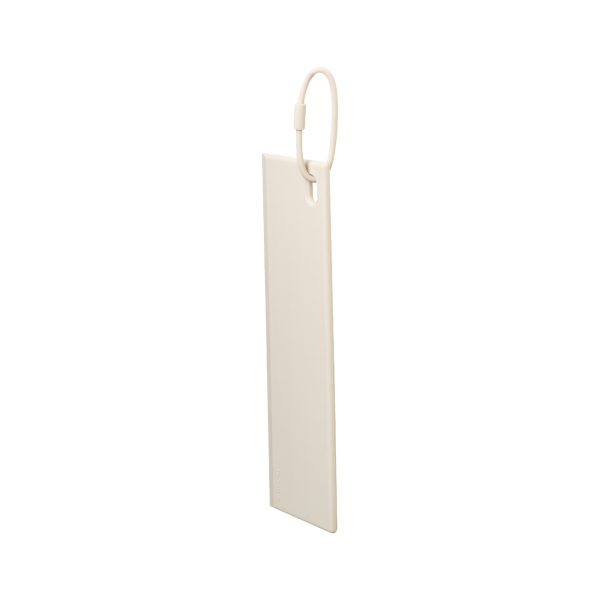 White luggage tag with a loop for easy attachment and identification.