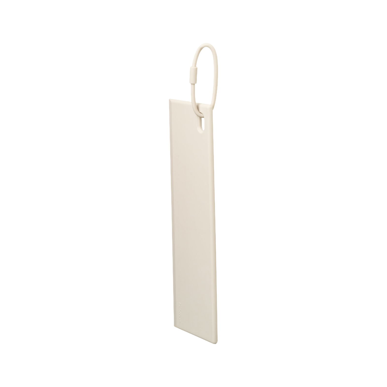 White luggage tag with a loop for easy attachment and identification.