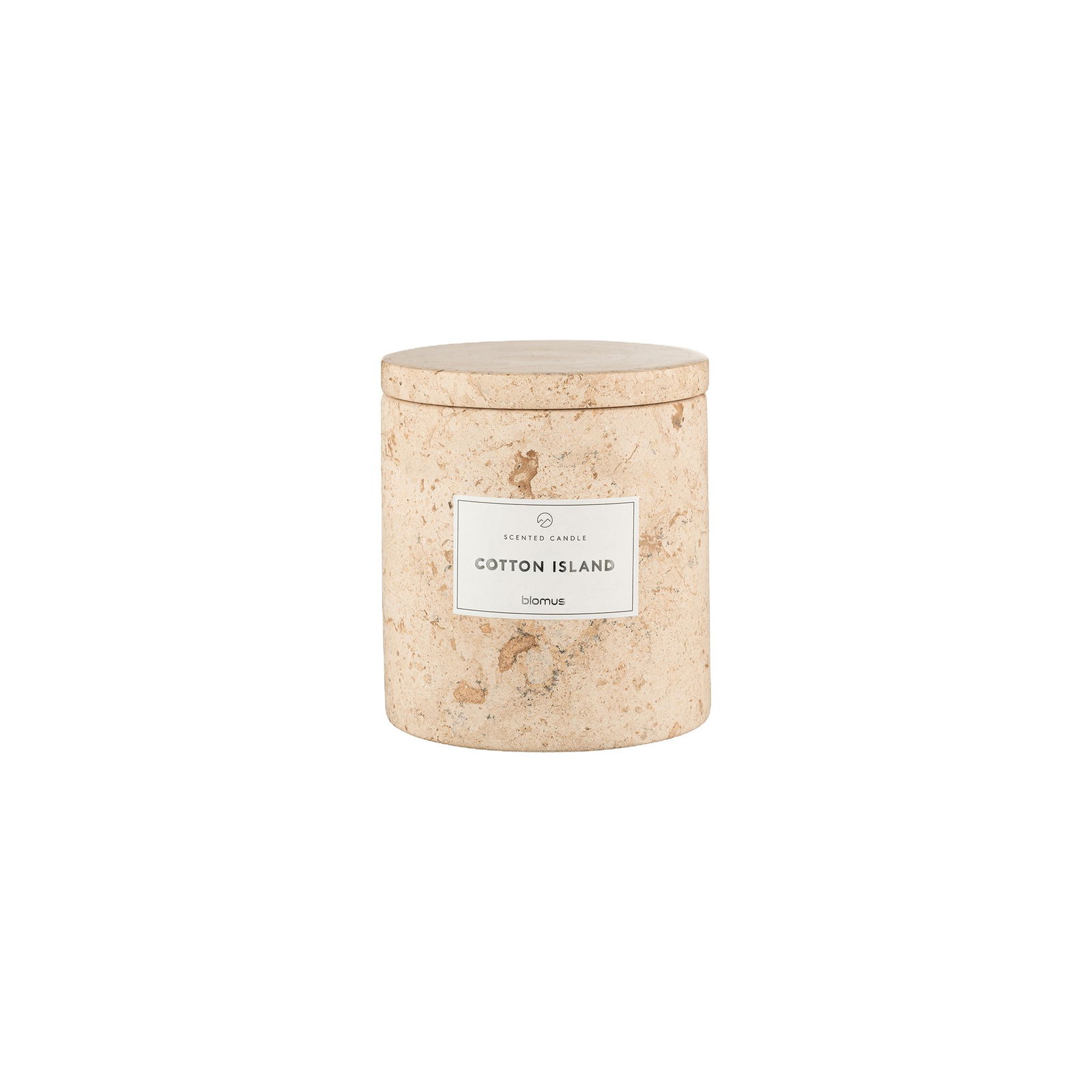 Natural scented candle in a textured cream jar labeled "Cotton Island."