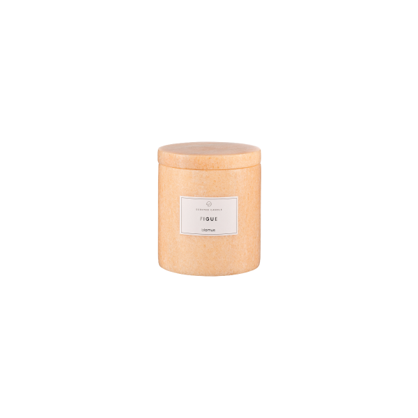Natural fig-scented candle in an elegant terracotta jar with a wooden lid.