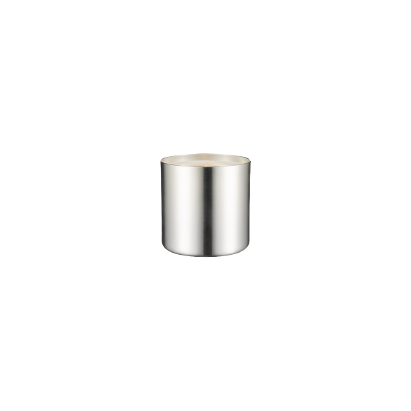 Shiny silver cylindrical container with a smooth surface and a flat top.