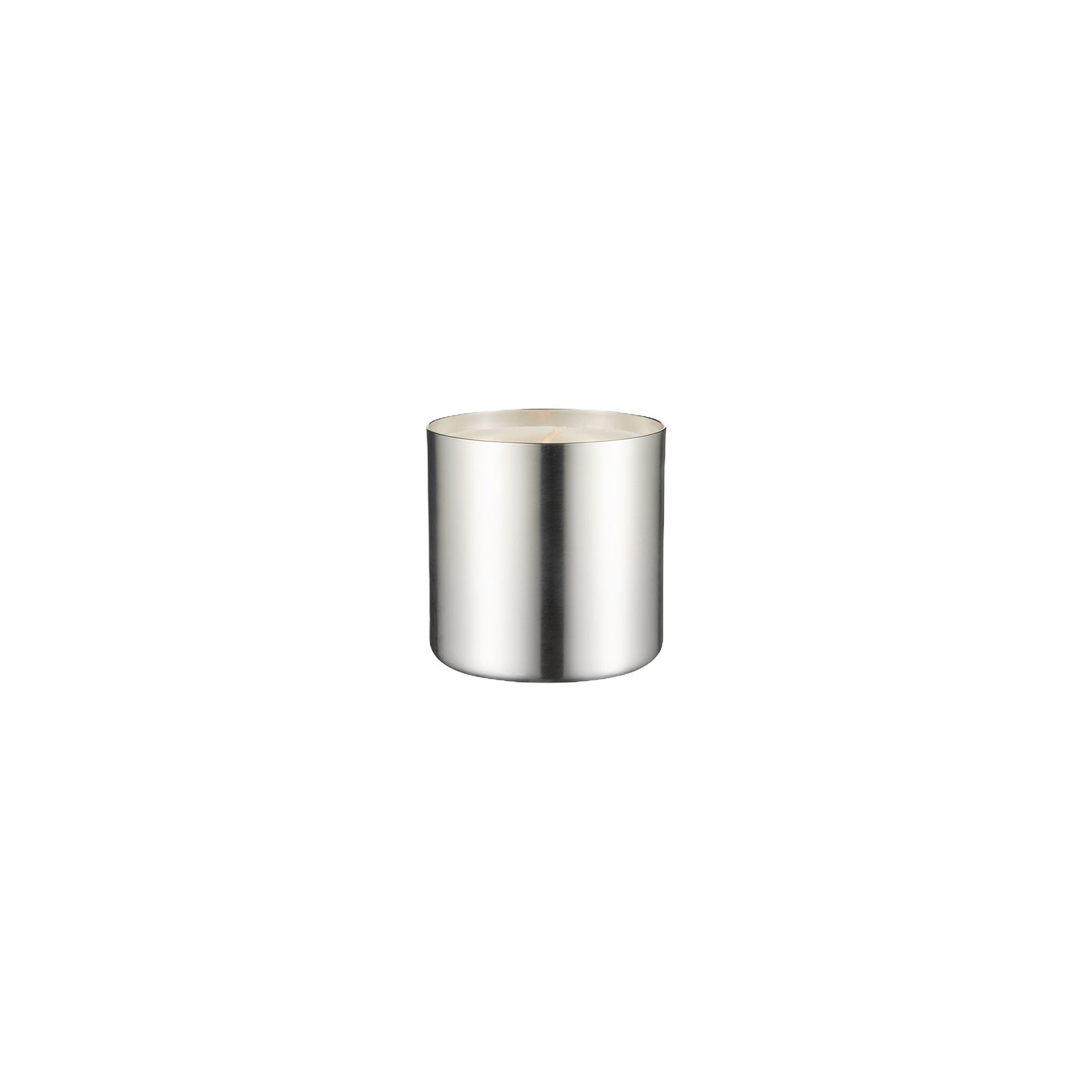 Shiny silver cylindrical container with a smooth surface and a flat top.