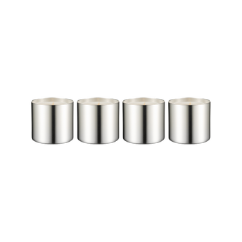 Set of four sleek silver candle holders on a white background.