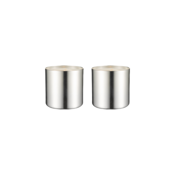 Two sleek, modern silver canisters with wooden lids on a white background.