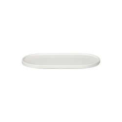 White oval ceramic platter on a white background for serving or display purposes.