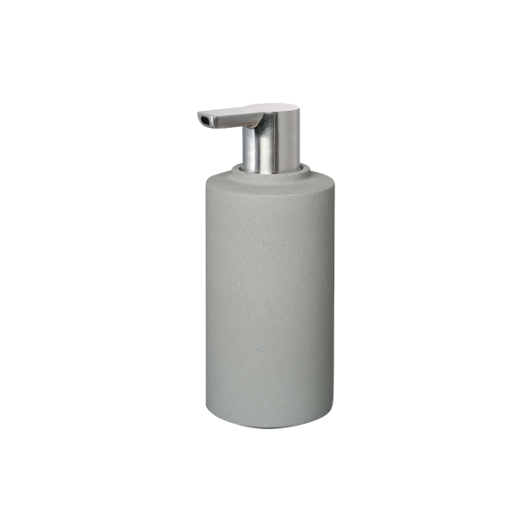 Stylischer grauer Seifenspender mit metallischem Pumpkopf für moderne Badezimmerdekoration.