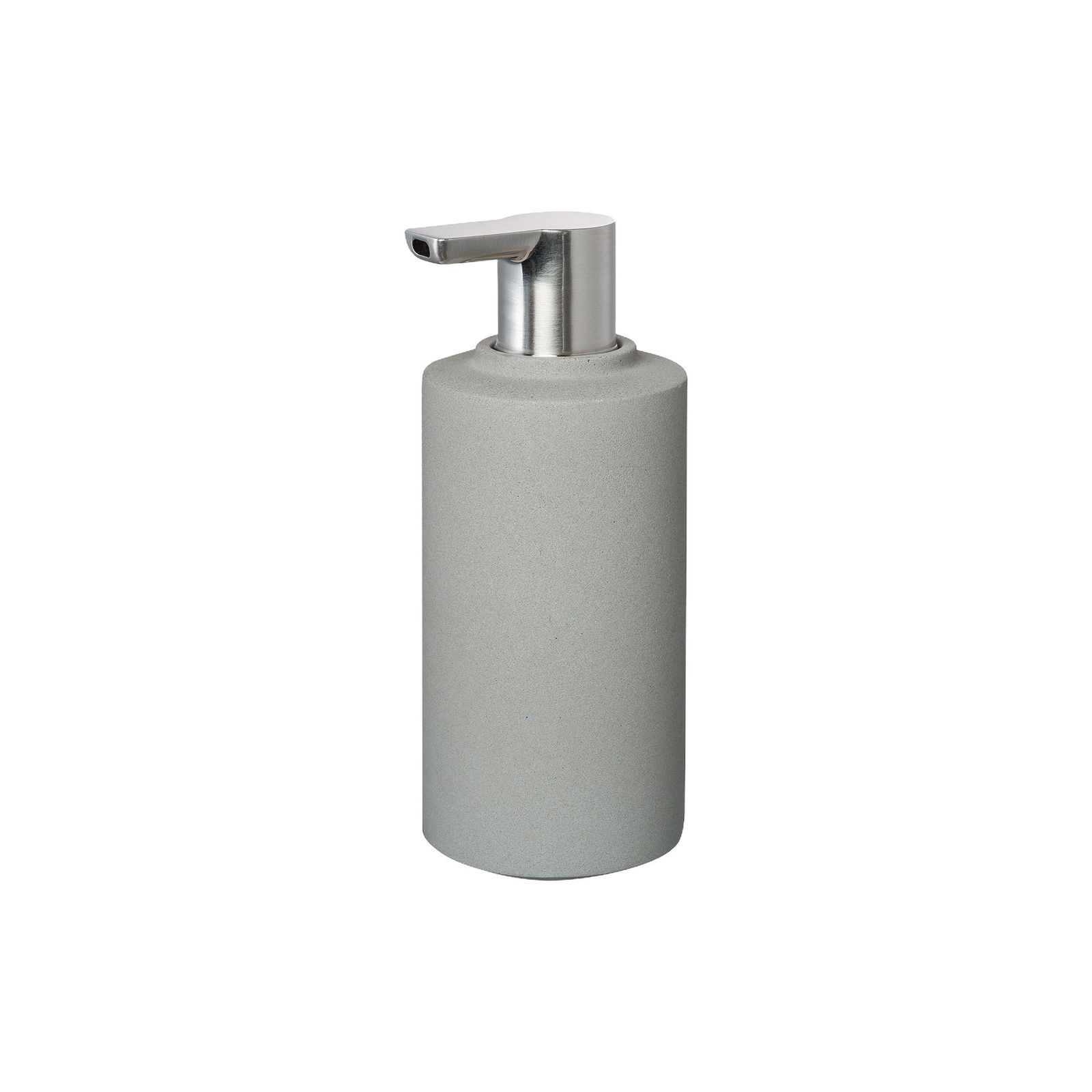 Stylischer grauer Seifenspender mit metallischem Pumpkopf für moderne Badezimmerdekoration.